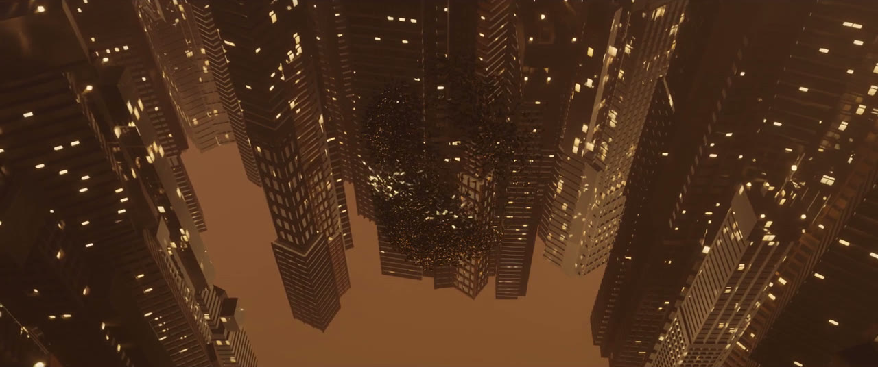 Looking up between the towers, their windows lit, toward a dim sky