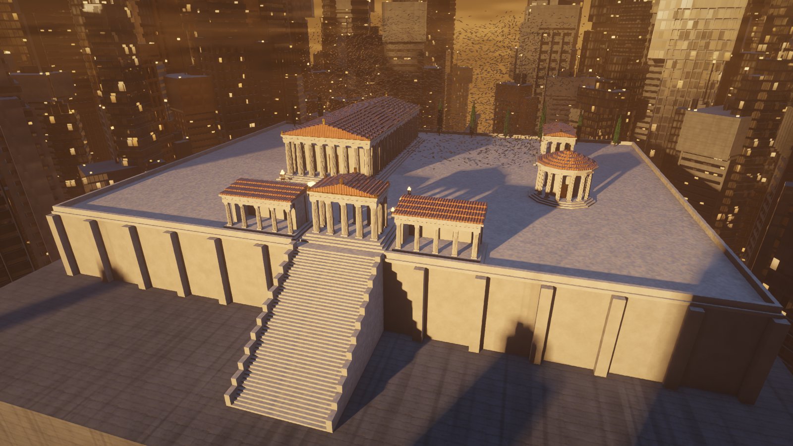 An acropolis at sunset: a great stair climbs to a terrace with a large temple, a porch flanked by two stoas, and a round tholos, among lit towers