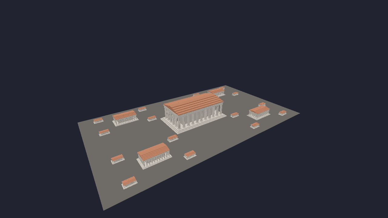 A large temple surrounded by smaller temples on a grey plane, without lighting effects